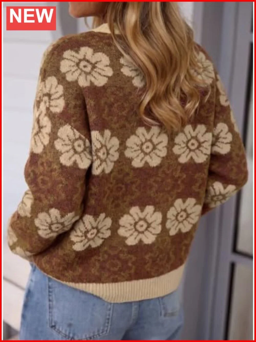 Womens Floral Crewneck Sweater Knit Pullover Loose Fit Long Sleeve